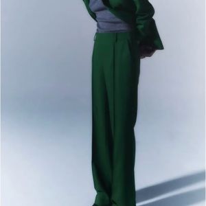 Zara Green Straight Fit Trousers With Topstitching Size XS